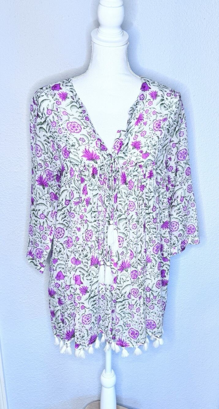 Ro’s Garden Tunic Blouse SZ S Pink/green/white Floral Block Print 100% Cotton